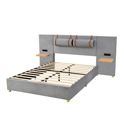 Upholstered Platform Bed, 2 Outlets And USB Charging Ports On Both Sides, 2 Bedside Pillows, Storage Shelves - The Sleep Loft - Online Mattress Showroom NYC