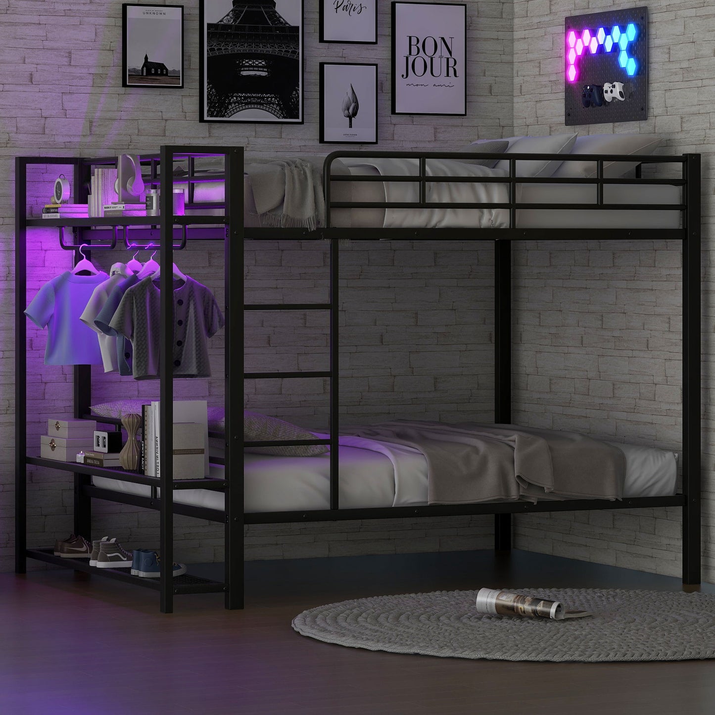 Bunk Bed With Storage Shelves, Clothes Hooks, LED Light - The Sleep Loft - Online Mattress Showroom NYC