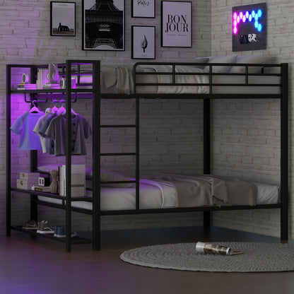 Bunk Bed With Storage Shelves, Clothes Hooks, LED Light - The Sleep Loft - Online Mattress Showroom NYC