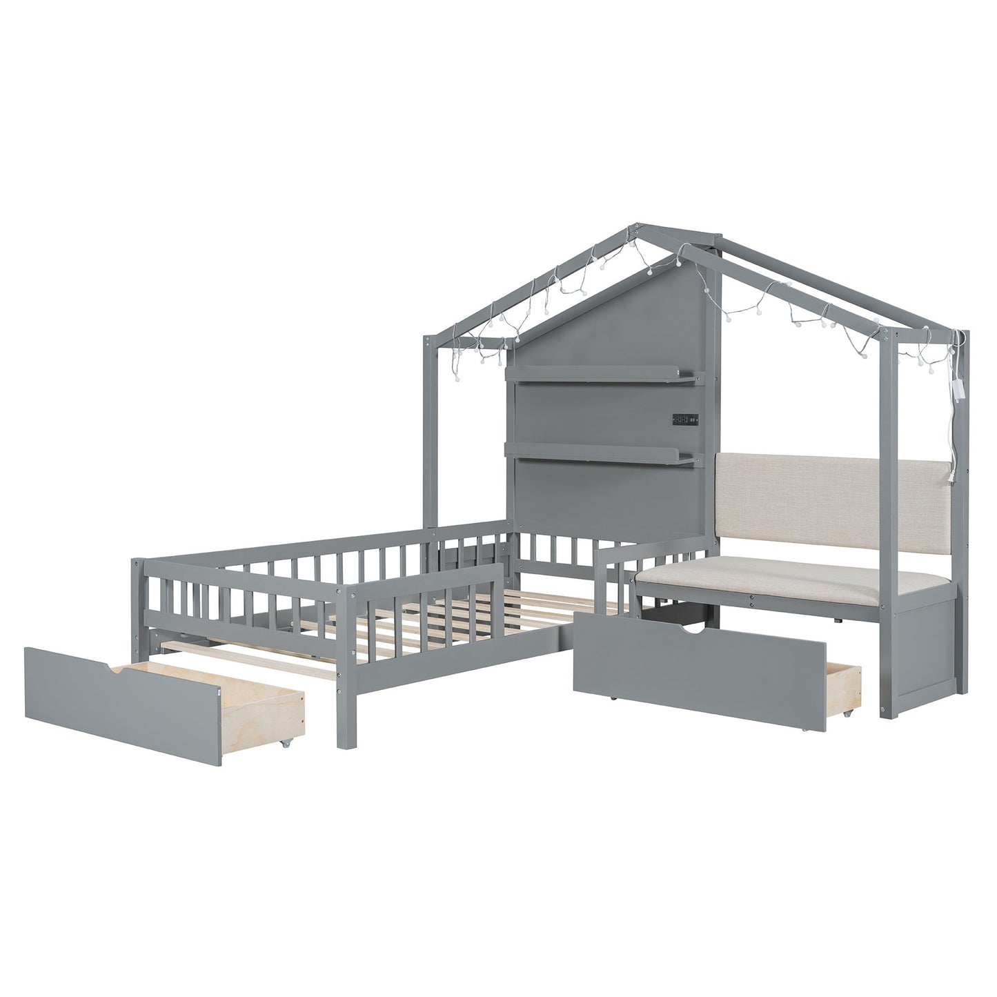 House Bed With Upholstered Sofa, Wireless Charging Station, Shelves And 2 Drawers - The Sleep Loft - Online Mattress Showroom NYC