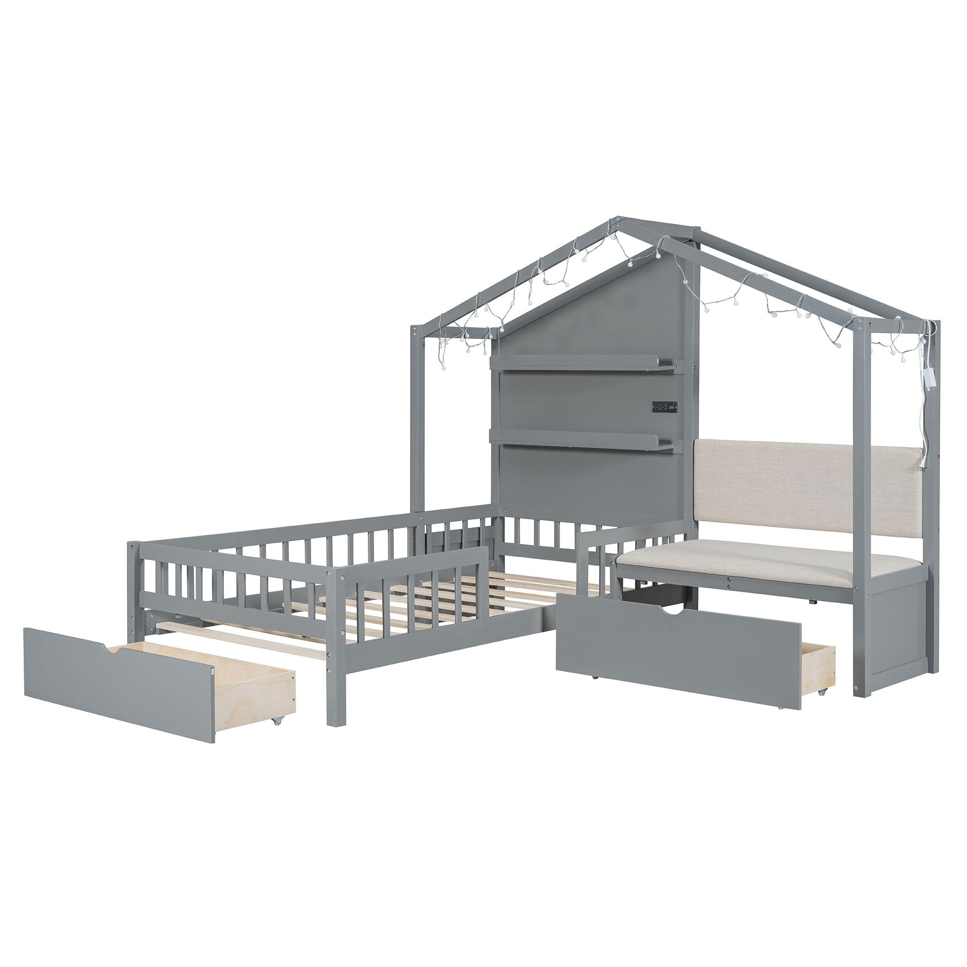 House Bed With Upholstered Sofa, Wireless Charging Station, Shelves And 2 Drawers - The Sleep Loft - Online Mattress Showroom NYC