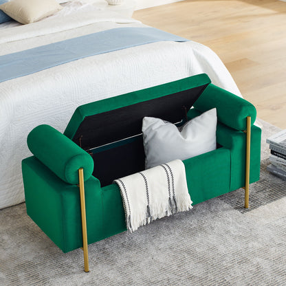 Elegant Upholstered Storage Bench With Cylindrical Arms And Iron Legs, - The Sleep Loft - Online Mattress Showroom NYC