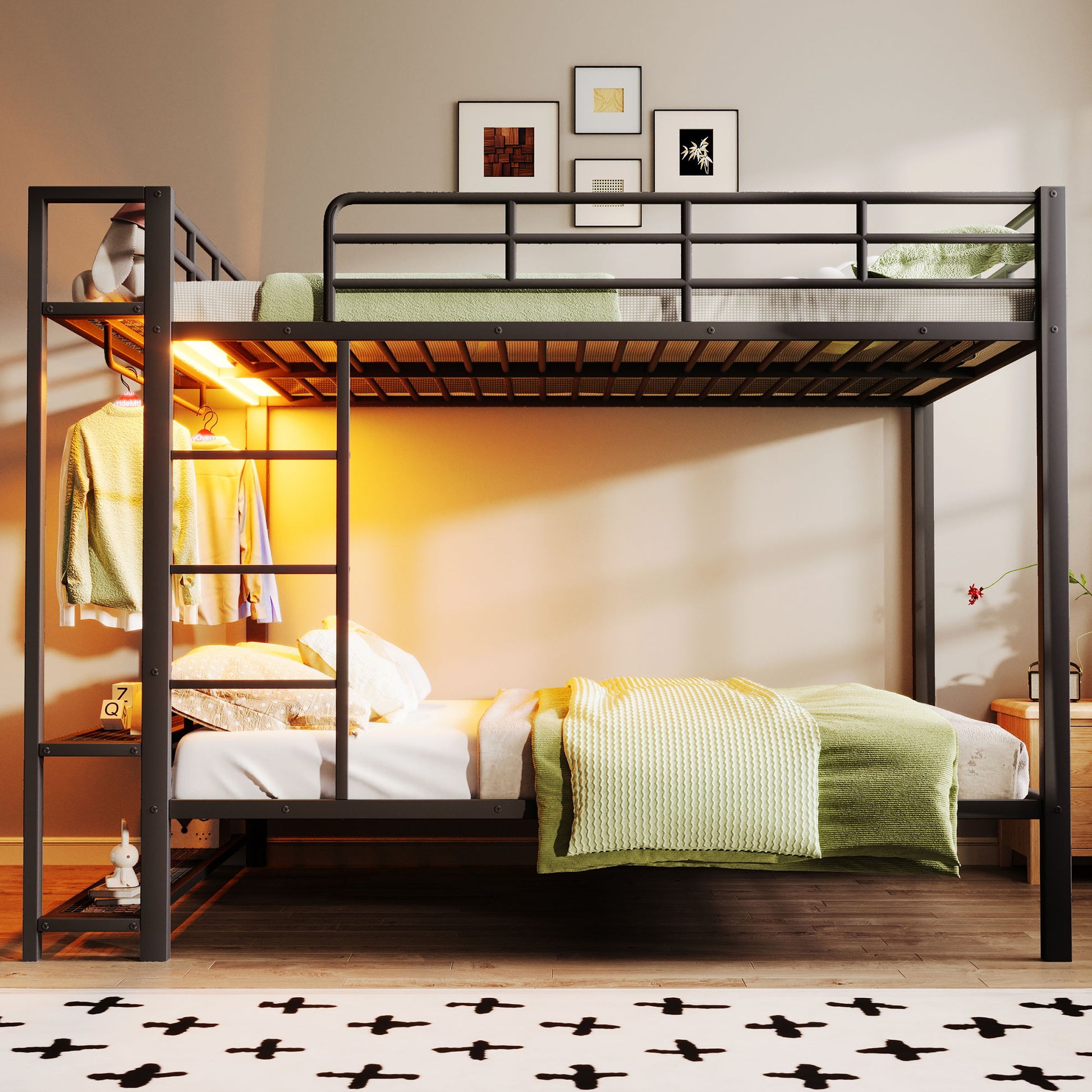 Bunk Bed With Storage Shelves, Clothes Hooks, LED Light - The Sleep Loft - Online Mattress Showroom NYC