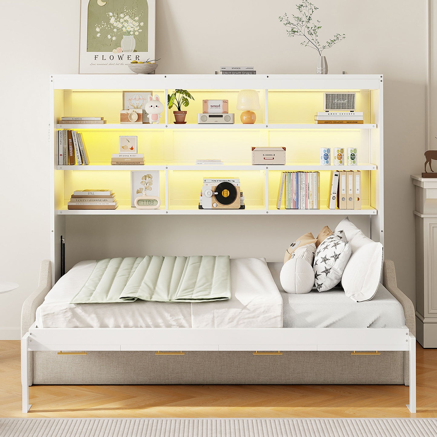 Murphy Cabinet Bed With Folding Sofa, Built In Storage Shelves And LED Light - The Sleep Loft - Online Mattress Showroom NYC