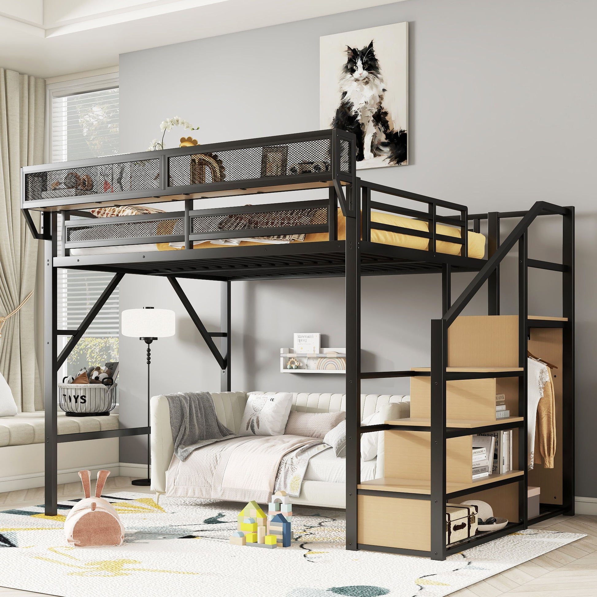 Queen Size Loft Bed & Stairs, Storage Shelves, Wardrobe - Black / Wood - The Sleep Loft - Online Mattress Showroom NYC