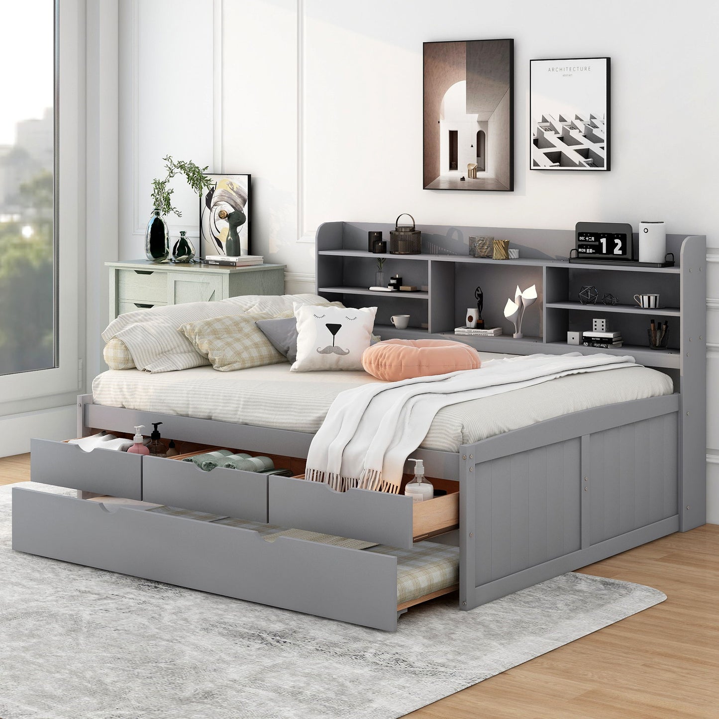 Captain Bed With Built In Bookshelves, 3 Storage Drawers, And Trundle - The Sleep Loft - Online Mattress Showroom NYC