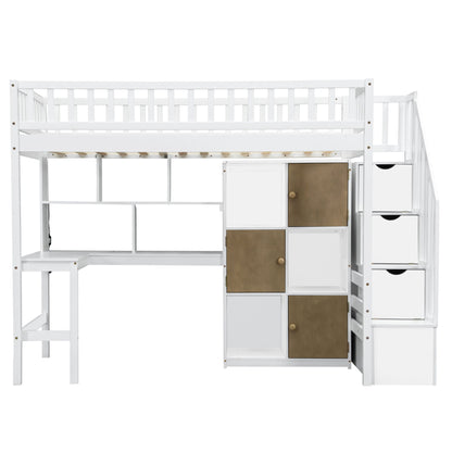 Loft Bed With Built In L Shaped Desk, LED Lights, Storage Shelves, Cabinets, And Staircase - The Sleep Loft - Online Mattress Showroom NYC