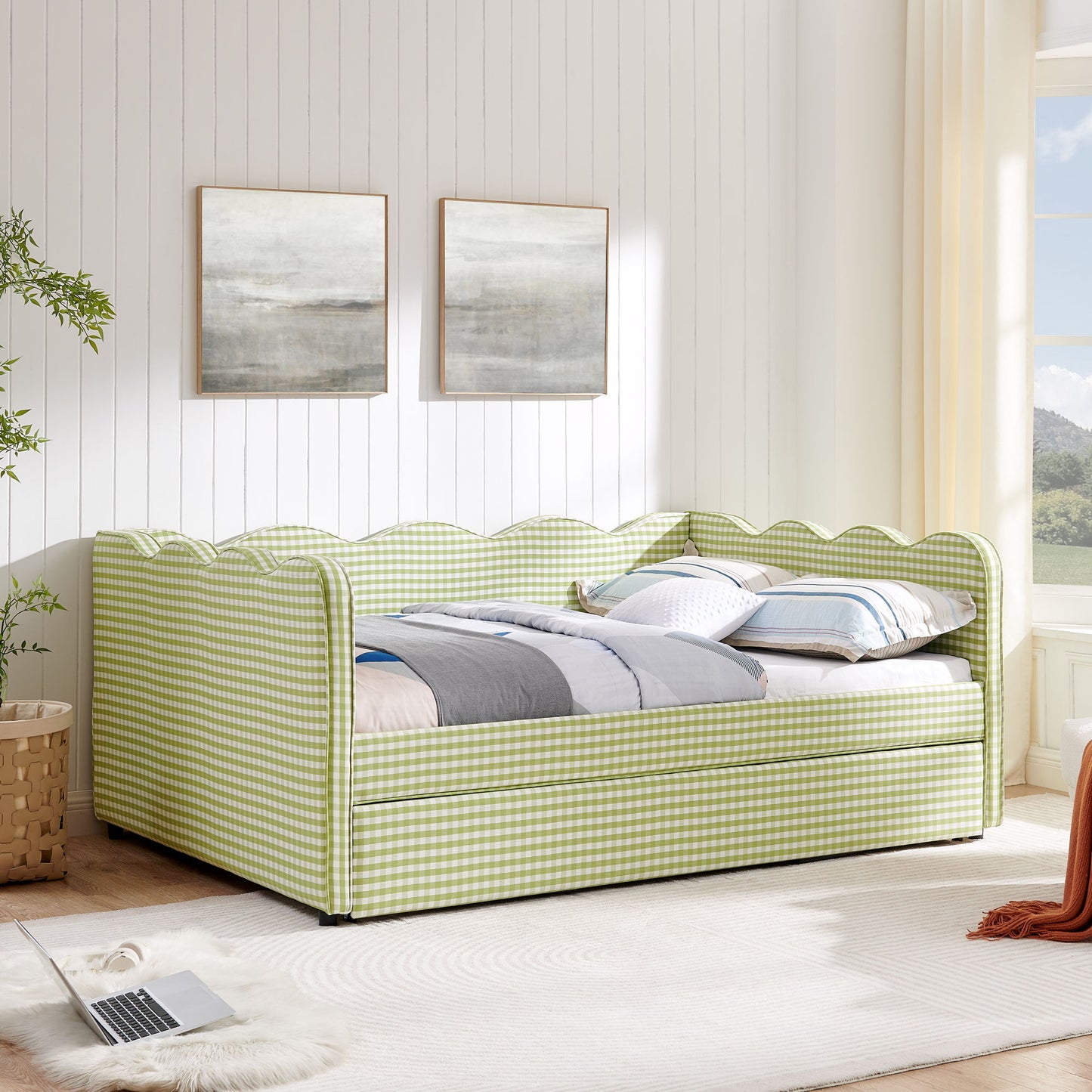 Gingham Daybed With USB Charging Port, Wave-Shaped Design - The Sleep Loft - Online Mattress Showroom NYC