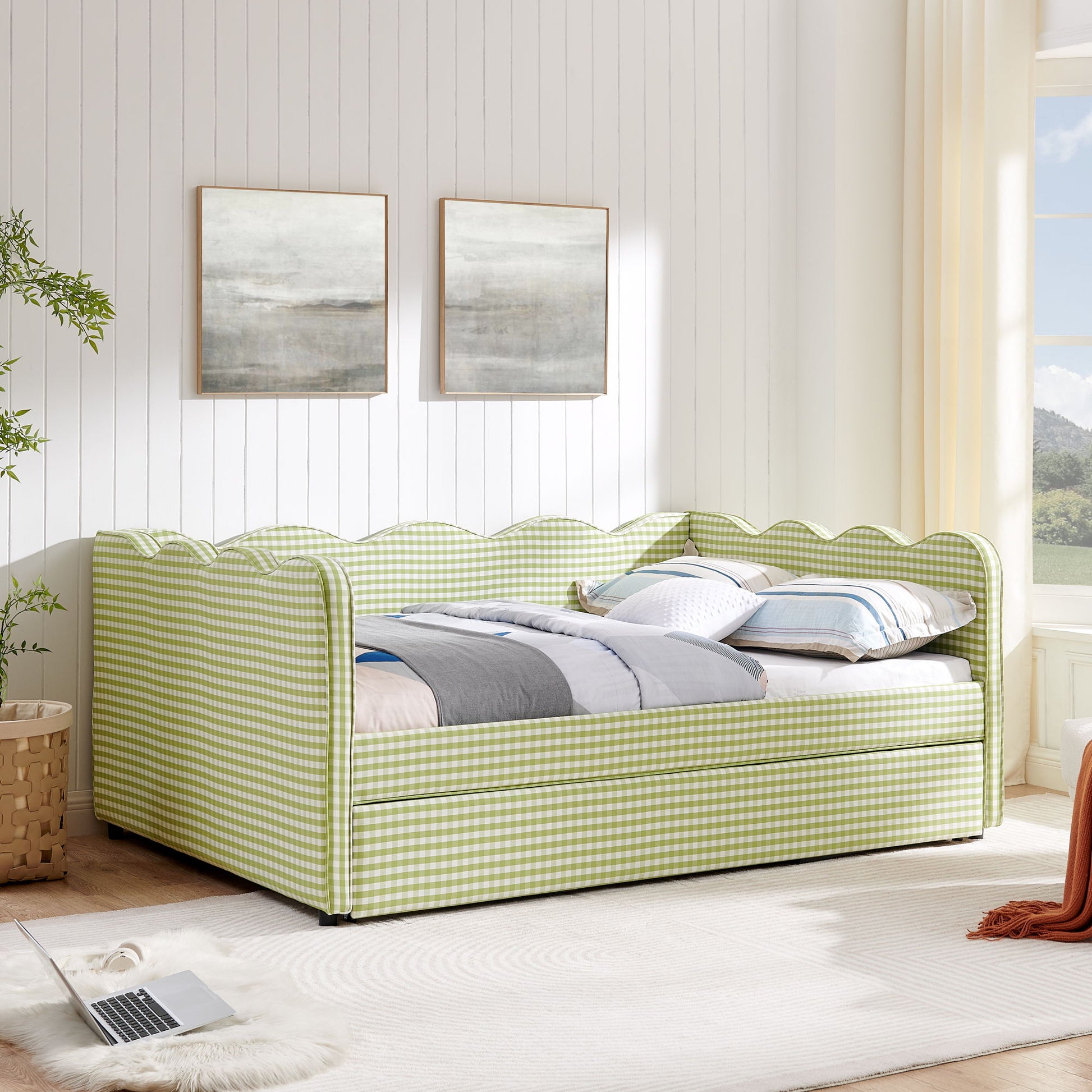 Gingham Daybed With USB Charging Port, Wave-Shaped Design - The Sleep Loft - Online Mattress Showroom NYC