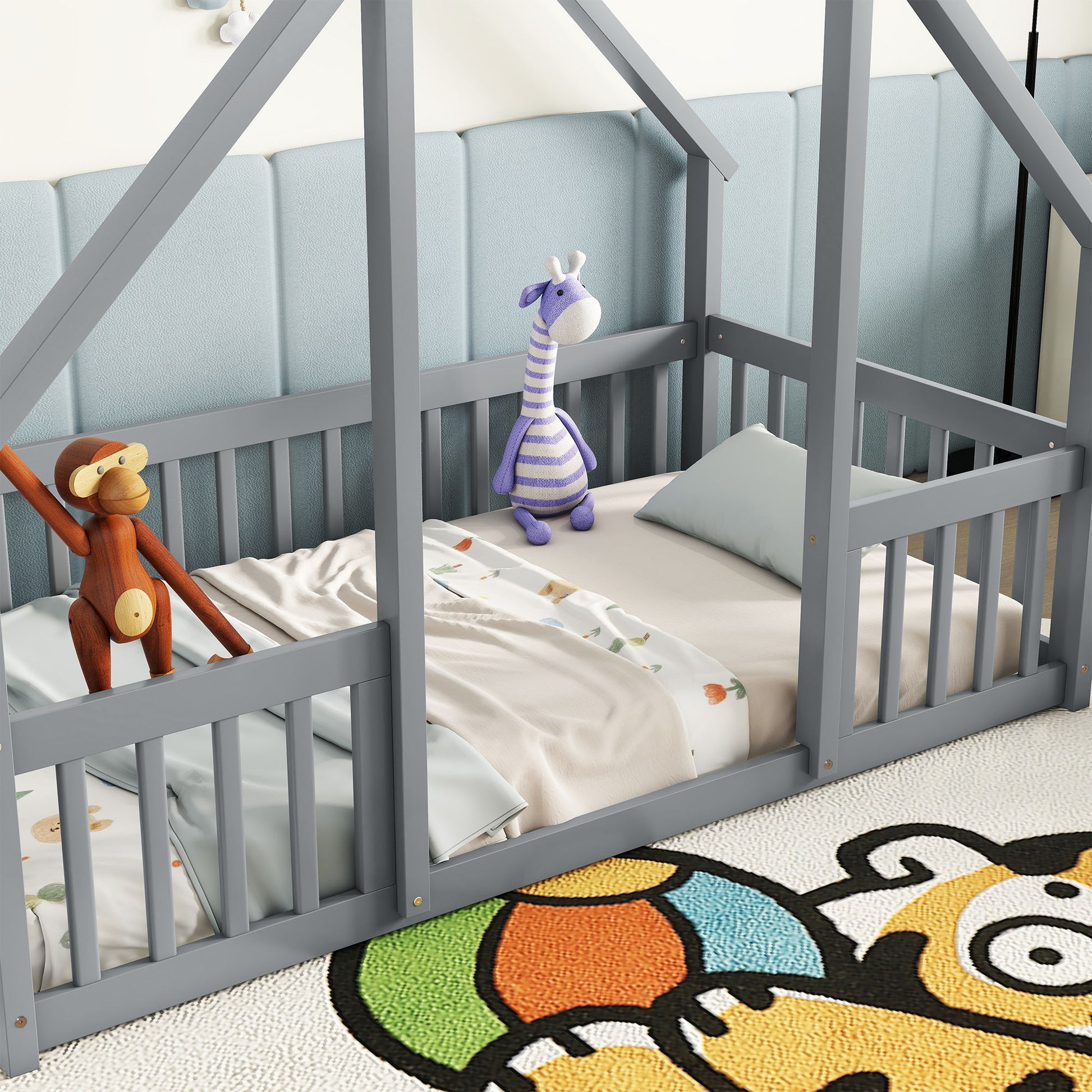 Wood House-Shaped Floor Bed With Fence, Guardrails - The Sleep Loft - Online Mattress Showroom NYC
