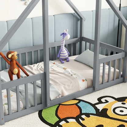 Wood House-Shaped Floor Bed With Fence, Guardrails - The Sleep Loft - Online Mattress Showroom NYC