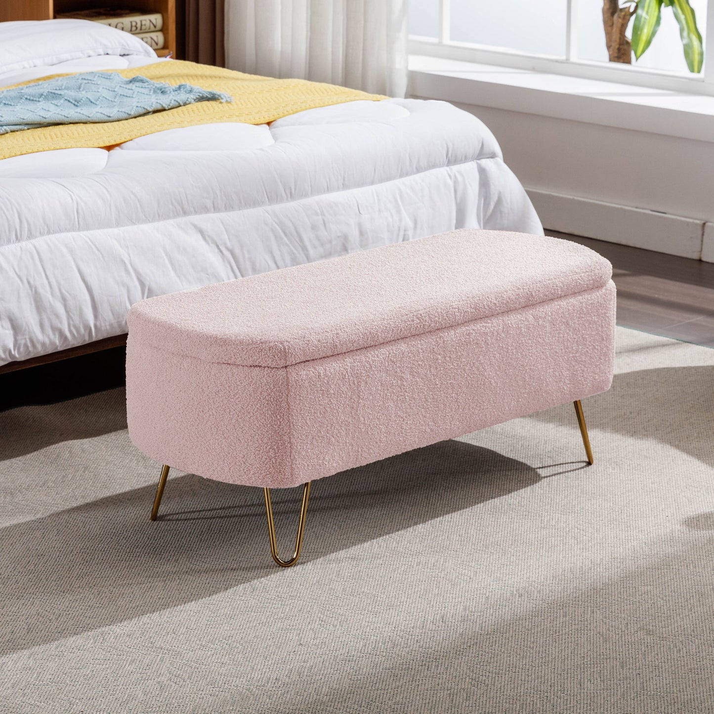 Storage Ottoman Bench For End Of Bed Legs, Modern Camel Faux Fur Entryway Bench Upholstered Padded With Storage For Living Room Bedroom - The Sleep Loft - Online Mattress Showroom NYC
