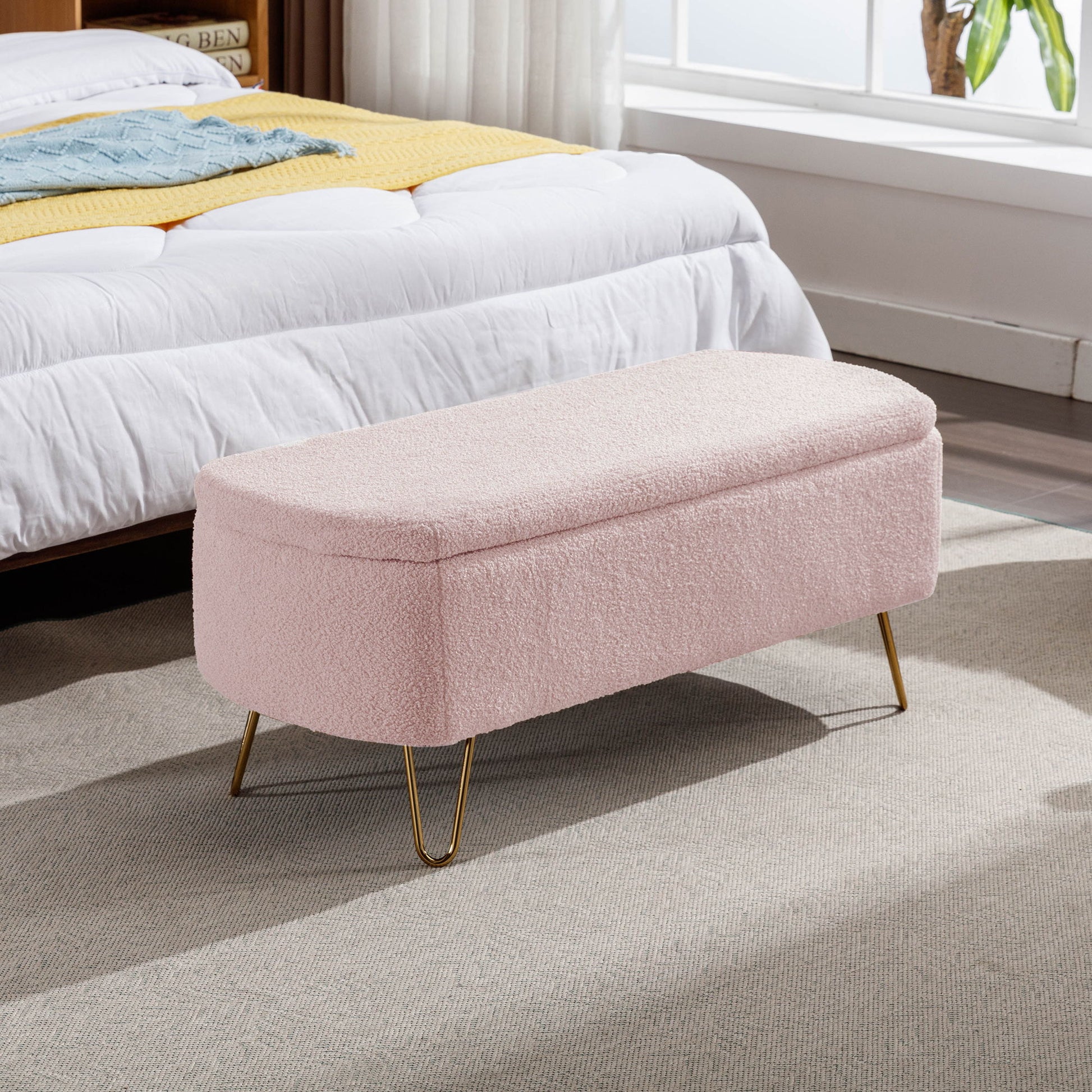 Storage Ottoman Bench For End Of Bed Legs, Modern Camel Faux Fur Entryway Bench Upholstered Padded With Storage For Living Room Bedroom - The Sleep Loft - Online Mattress Showroom NYC