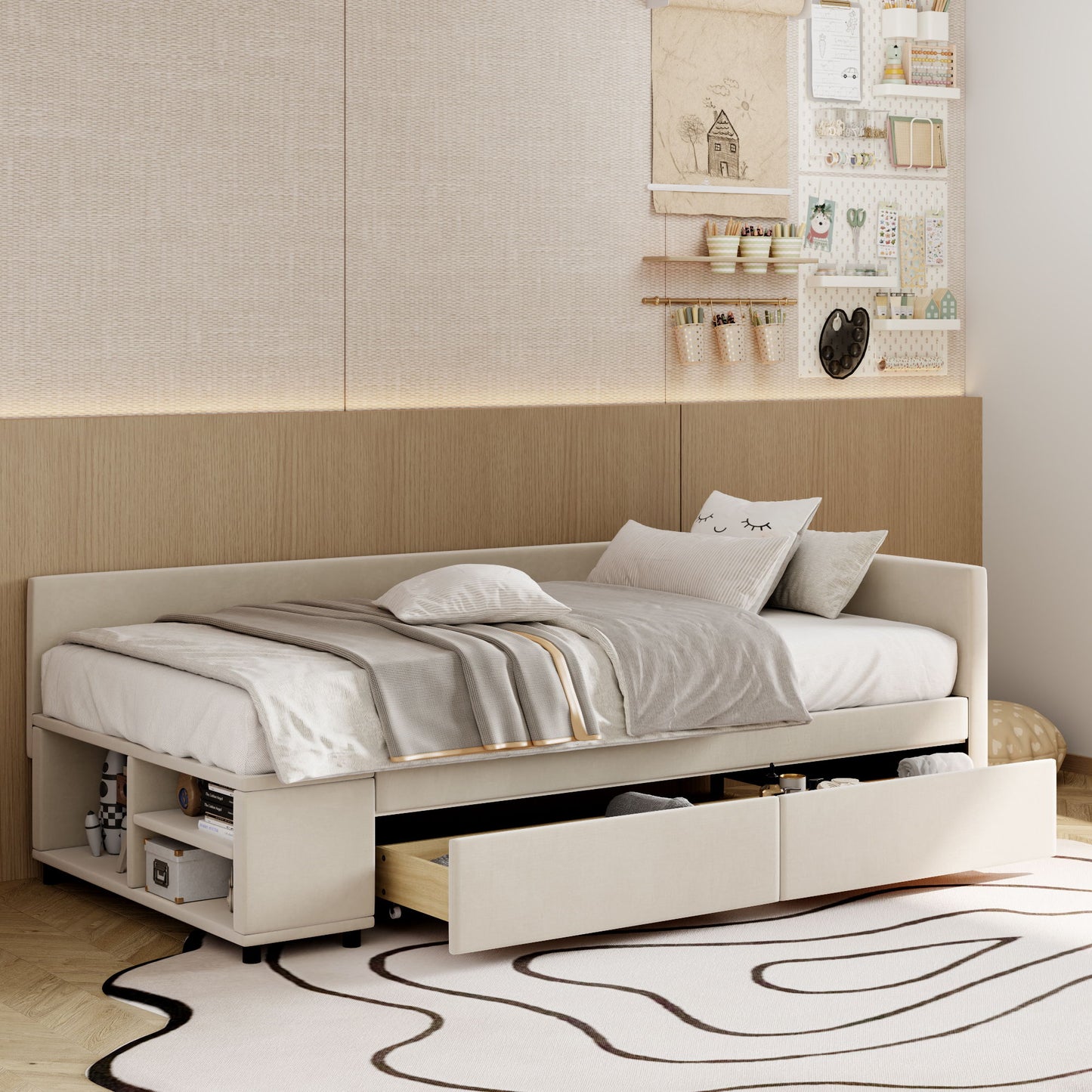 L Shaped Upholstered Platform Bed With Storage And Drawers - The Sleep Loft - Online Mattress Showroom NYC