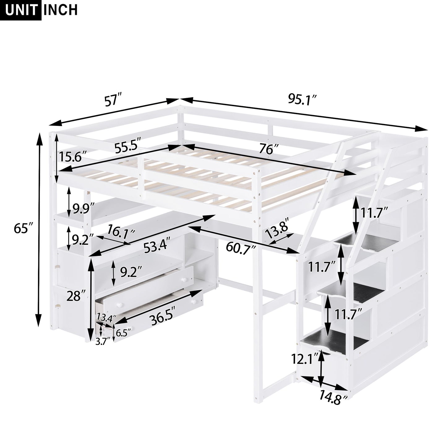 Loft Bed With Desk, Shelves, 2 Drawers, Storage Staircase - The Sleep Loft - Online Mattress Showroom NYC