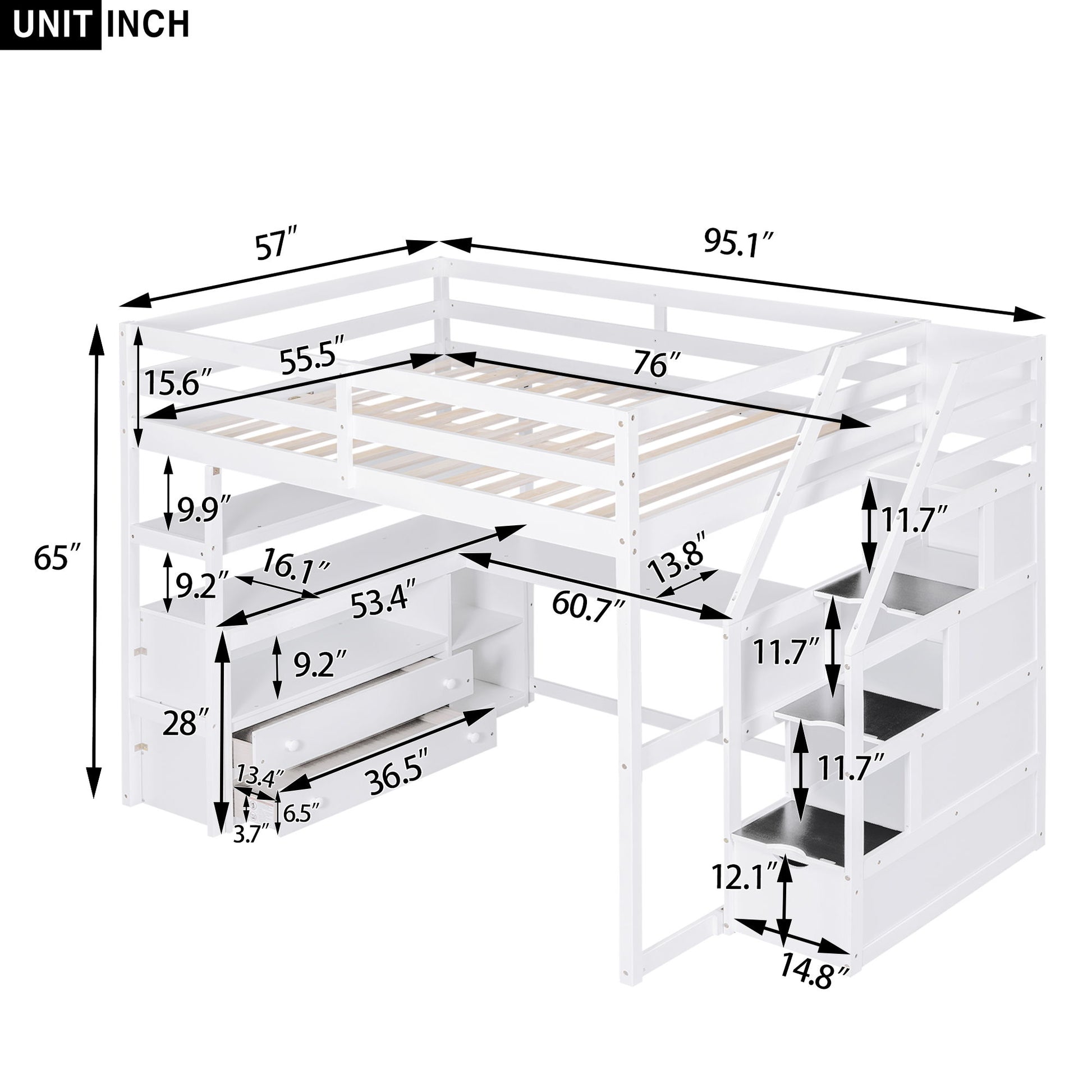 Loft Bed With Desk, Shelves, 2 Drawers, Storage Staircase - The Sleep Loft - Online Mattress Showroom NYC