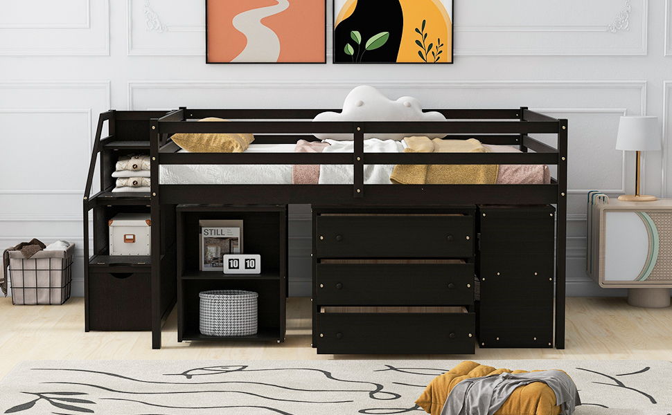 Loft Bed With Retractable Writing Desk And 3 Drawers With Storage Stairs And Shelves - The Sleep Loft - Online Mattress Showroom NYC