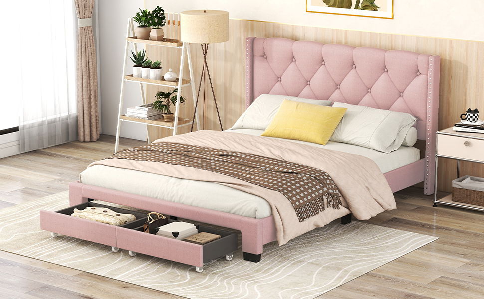 Queen Size Storage Bed Linen Upholstered Platform Bed & Two Drawers - Pink - The Sleep Loft - Online Mattress Showroom NYC