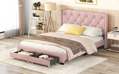 Queen Size Storage Bed Linen Upholstered Platform Bed & Two Drawers - Pink - The Sleep Loft - Online Mattress Showroom NYC