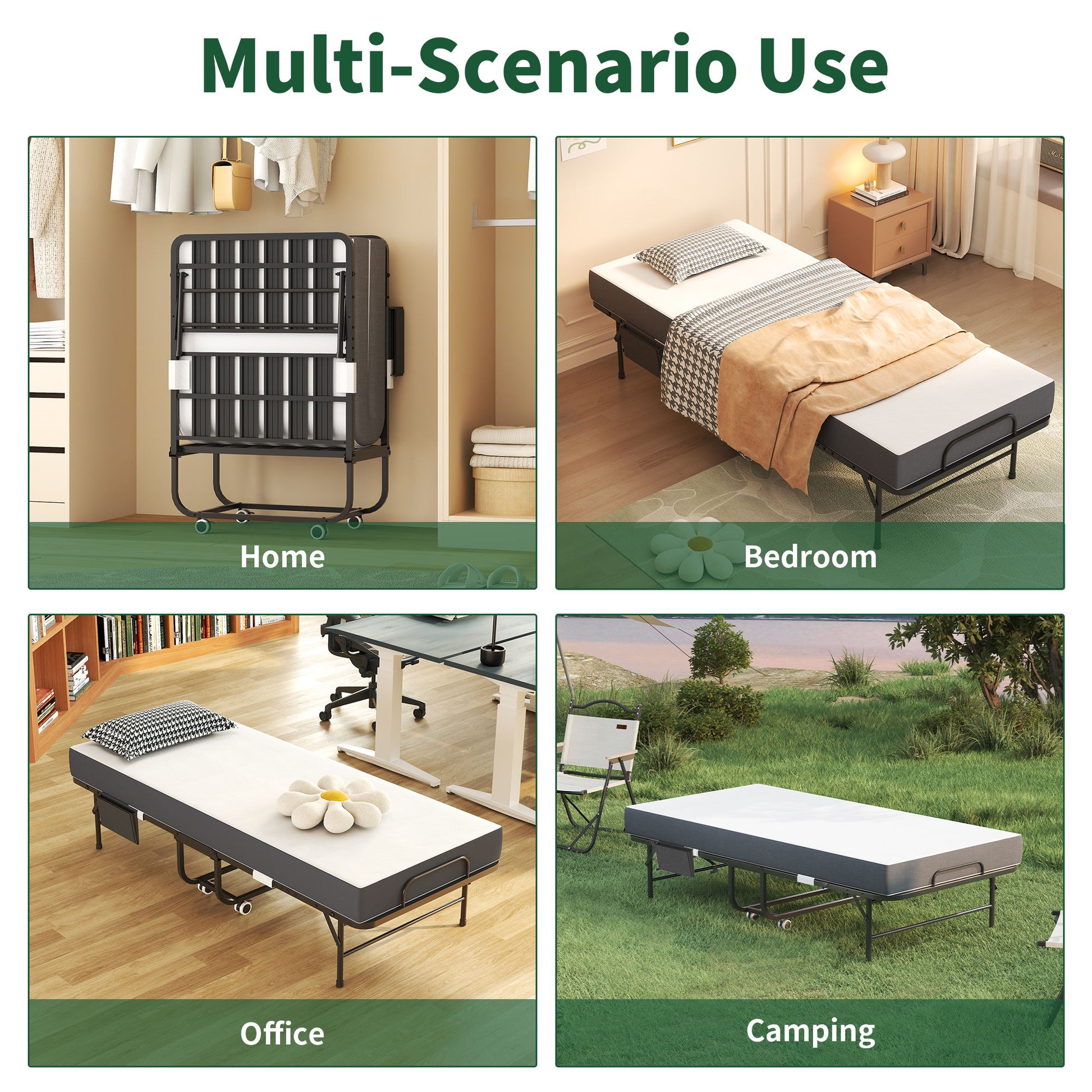 Twin Folding Bed With Memory Foam Mattress, On Wheels, Portable Bed For Adults & Guests - Black - The Sleep Loft - Online Mattress Showroom NYC