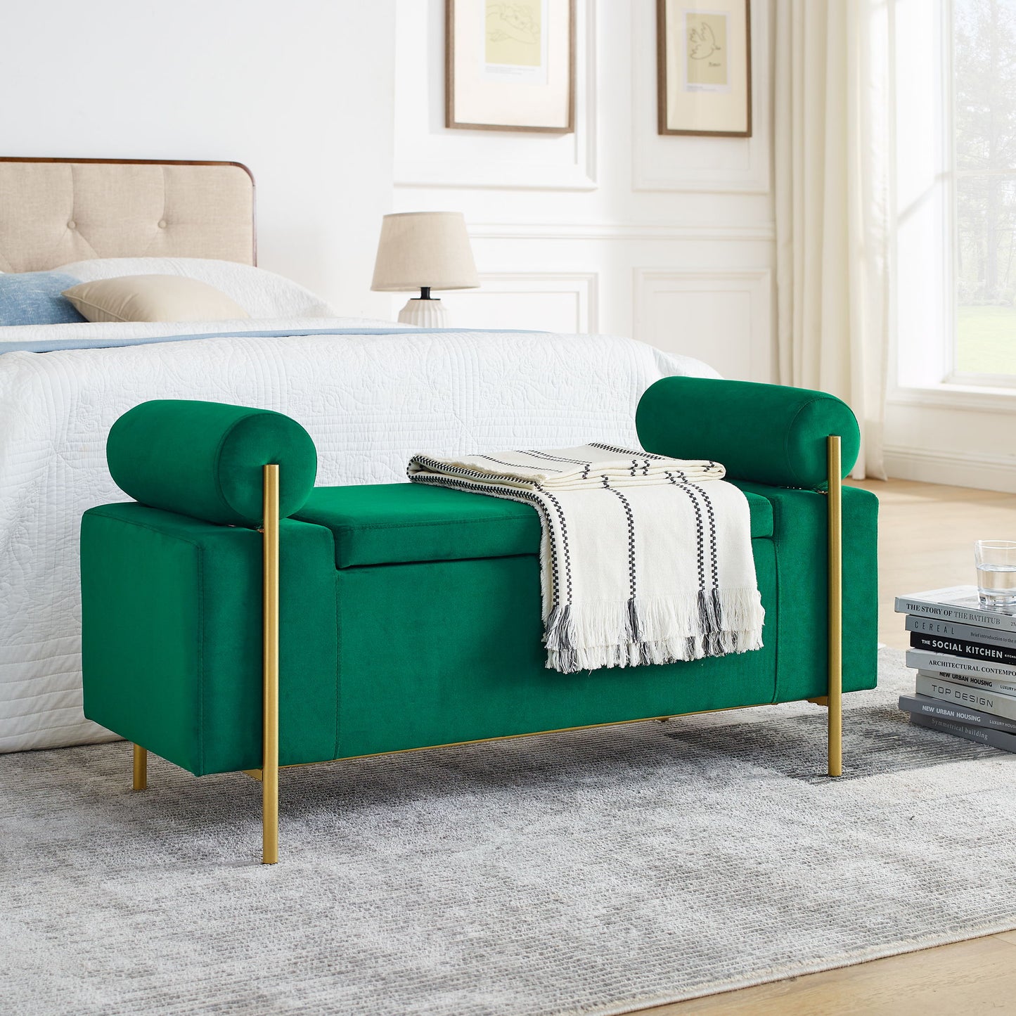 Elegant Upholstered Storage Bench With Cylindrical Arms And Iron Legs, - The Sleep Loft - Online Mattress Showroom NYC