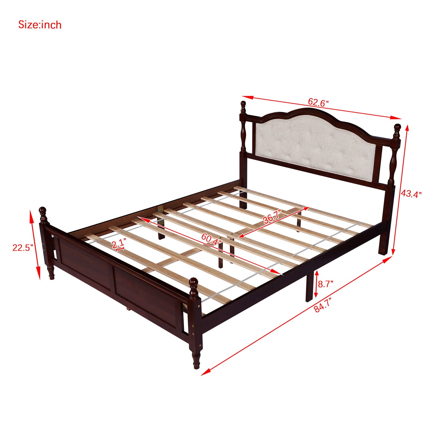 Pine Wooden Bed With Upholstered Headboard And Panel Footboard, With Two Bed Rail Support Feet And Central Platform Support Feet - The Sleep Loft - Online Mattress Showroom NYC
