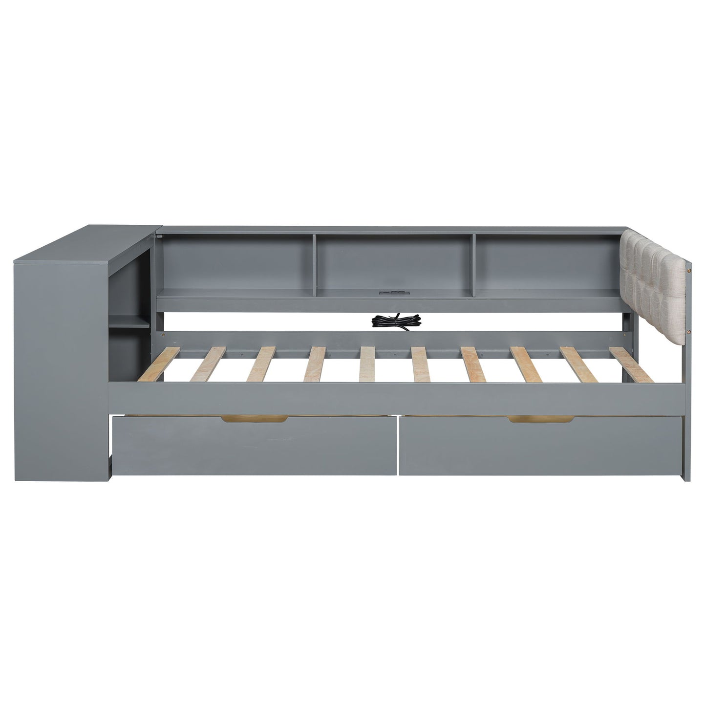 Upholstered Headboard Platform Bed With Storage Shelves, Drawers, Charging Station - The Sleep Loft - Online Mattress Showroom NYC