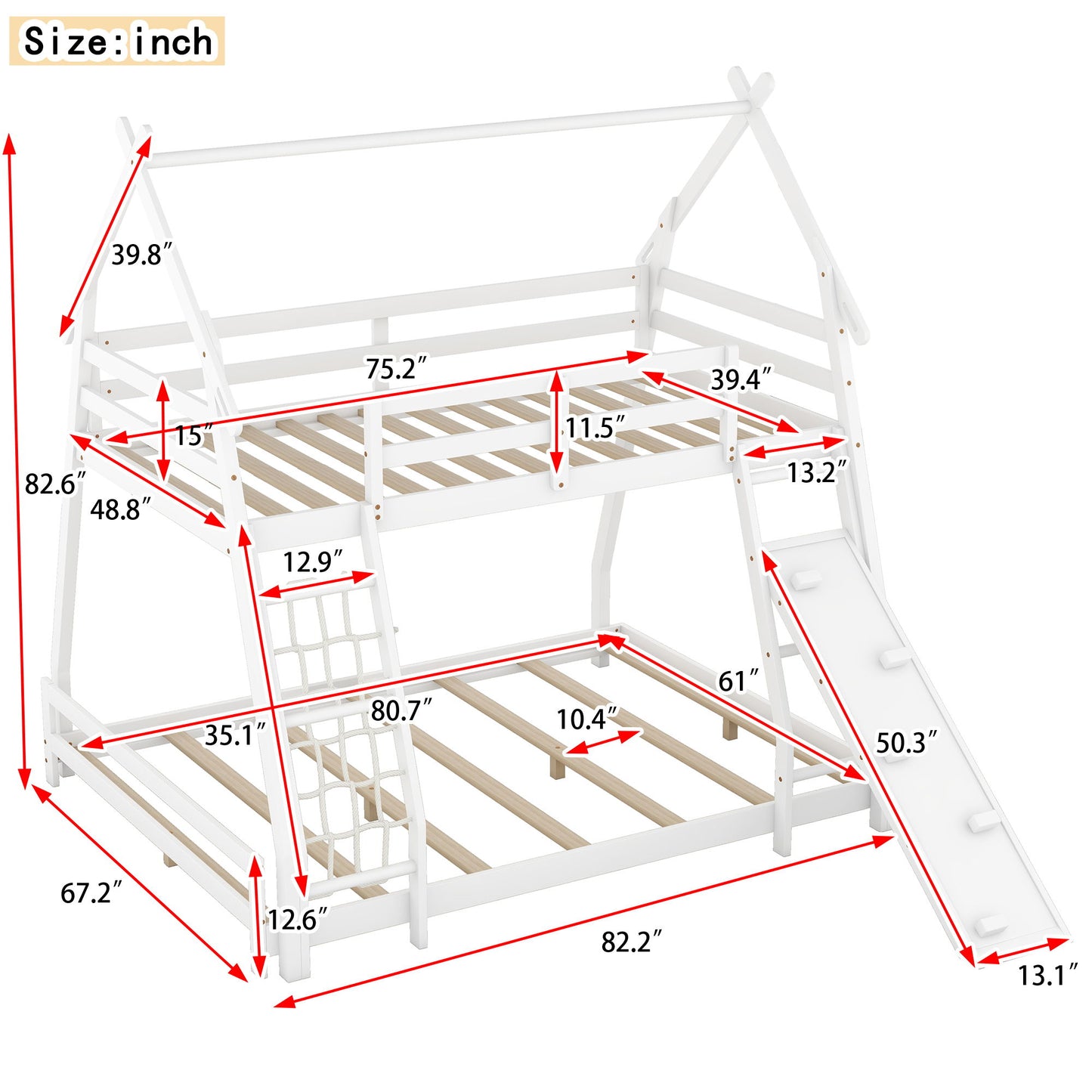 Twin Over Queen House Bunk Bed With Climbing Nets And Climbing Ramp - The Sleep Loft - Online Mattress Showroom NYC