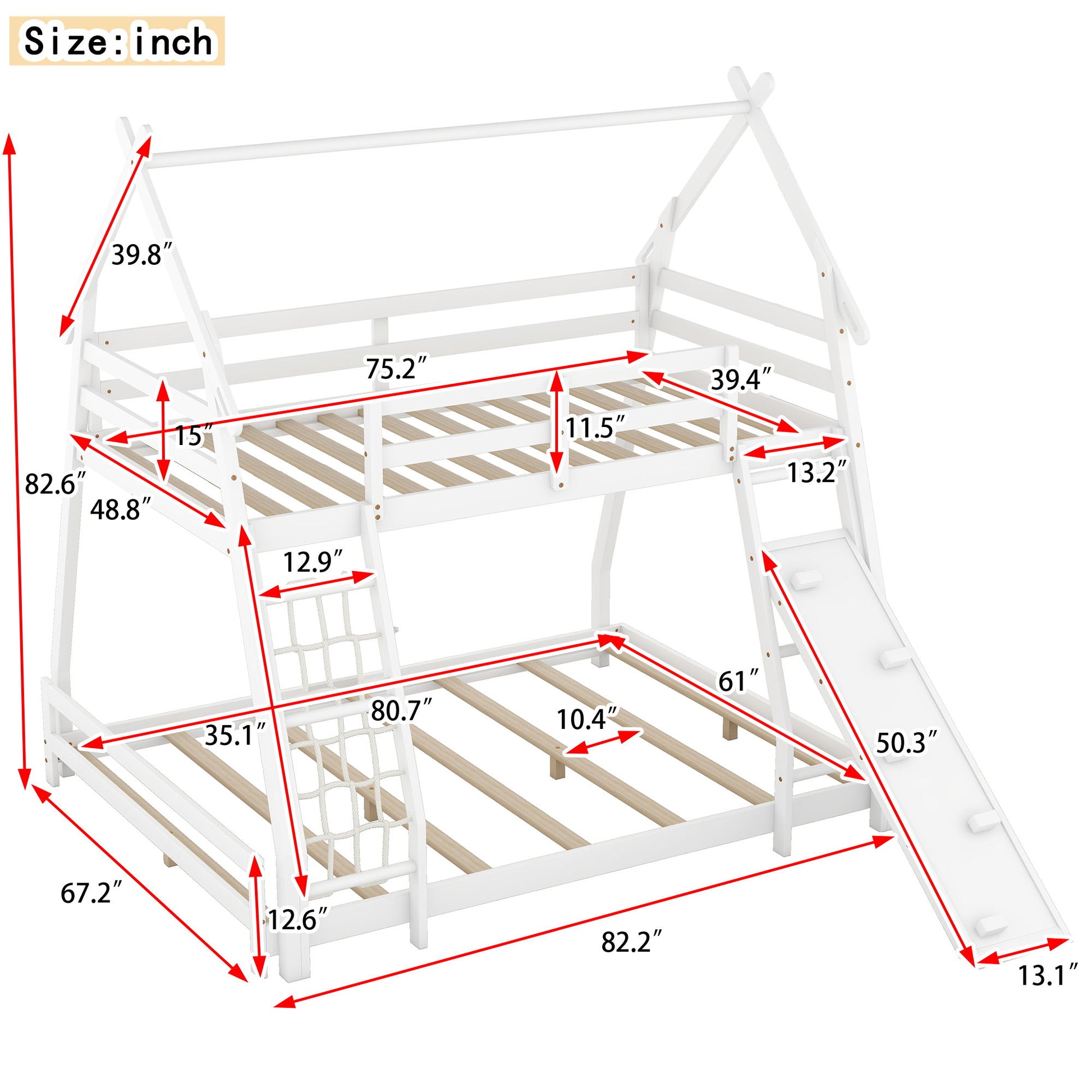 Twin Over Queen House Bunk Bed With Climbing Nets And Climbing Ramp - The Sleep Loft - Online Mattress Showroom NYC