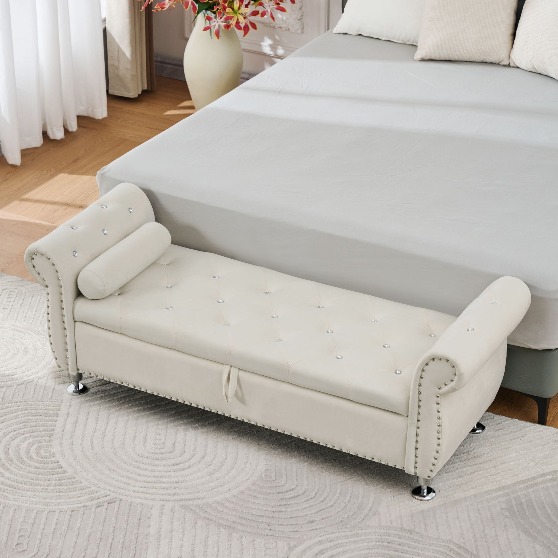 Storage Bench With Crystal Buttons And 1 Pillow For Bedroom - The Sleep Loft - Online Mattress Showroom NYC