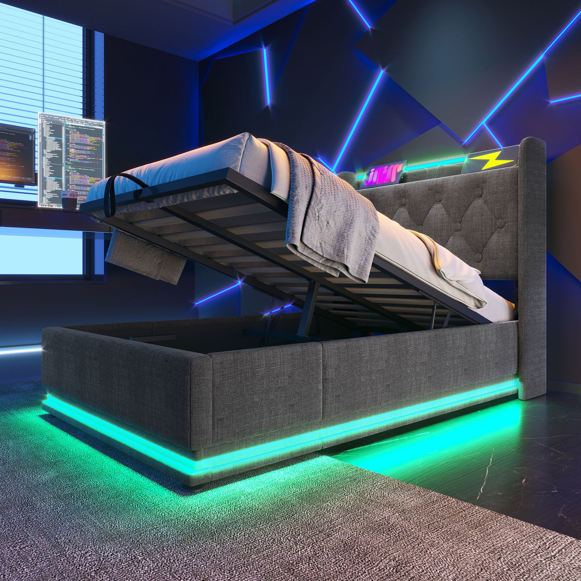 Upholstered Bed, 360 Surround LED Function, Remote Control, Hydraulic Storage Bed With USB, Type-C Charging (Without Mattress) - The Sleep Loft - Online Mattress Showroom NYC