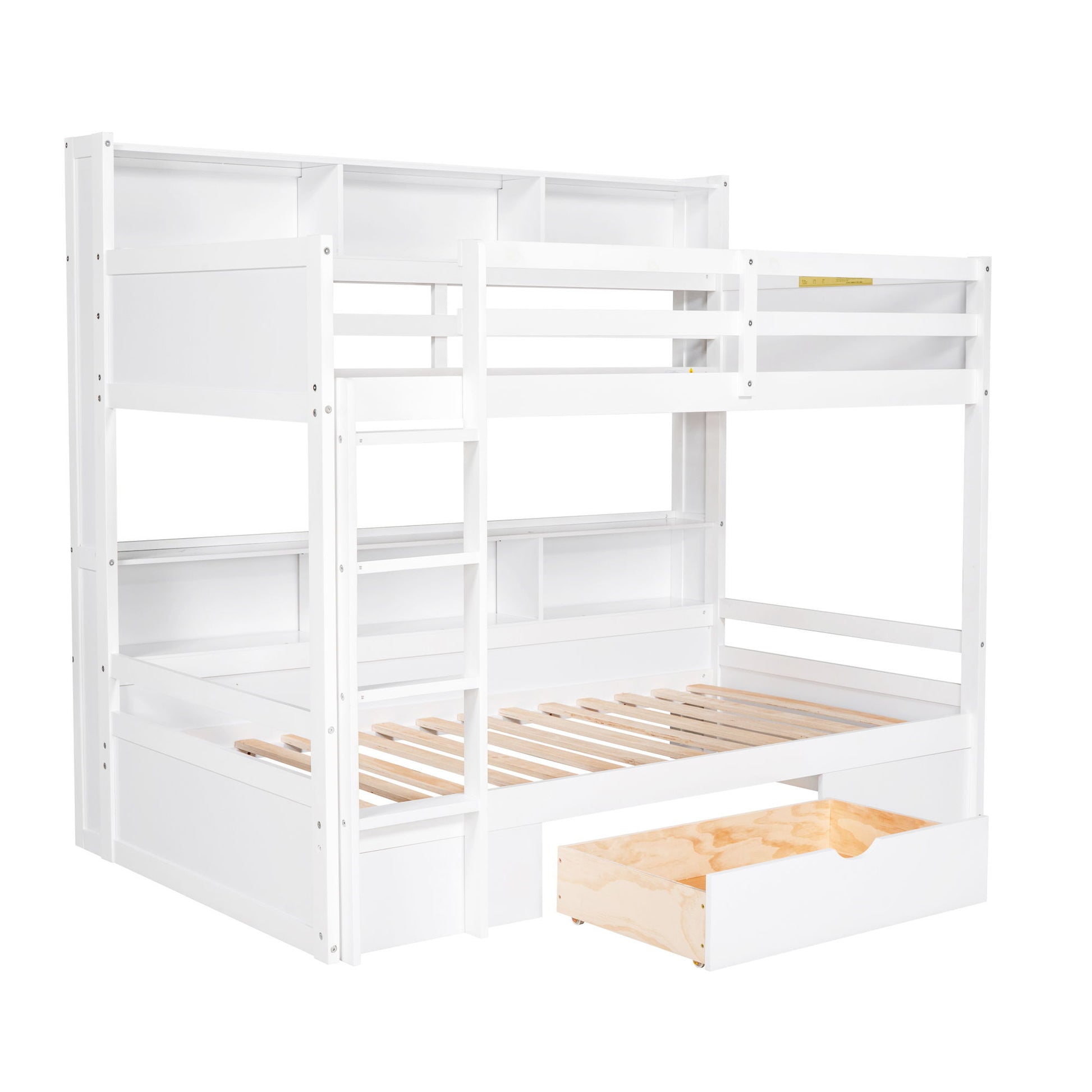 Twin Size Bunk Bed With Built-In Shelves Beside Both Upper And Down Bed And Storage Drawer - The Sleep Loft - Online Mattress Showroom NYC