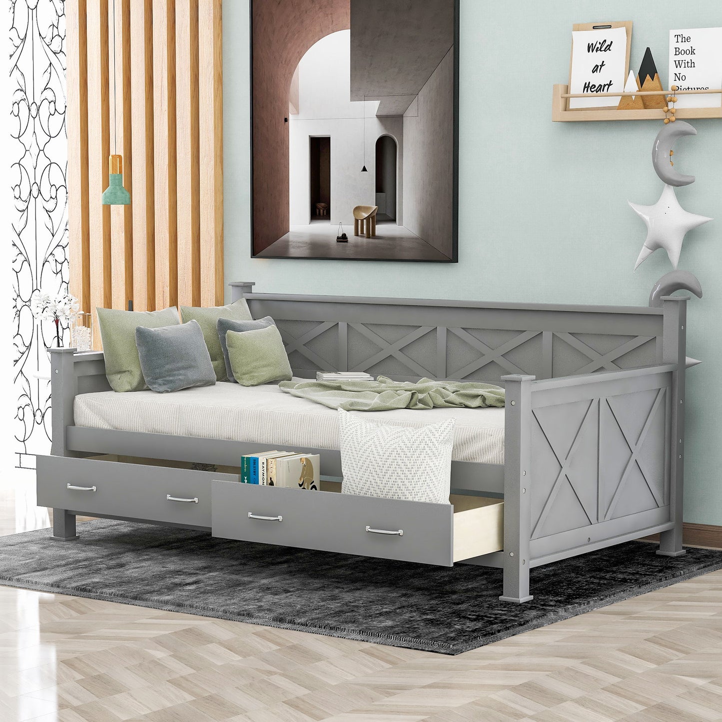 Modern Daybed With 2 Large Drawers, X Shaped Frame - The Sleep Loft - Online Mattress Showroom NYC