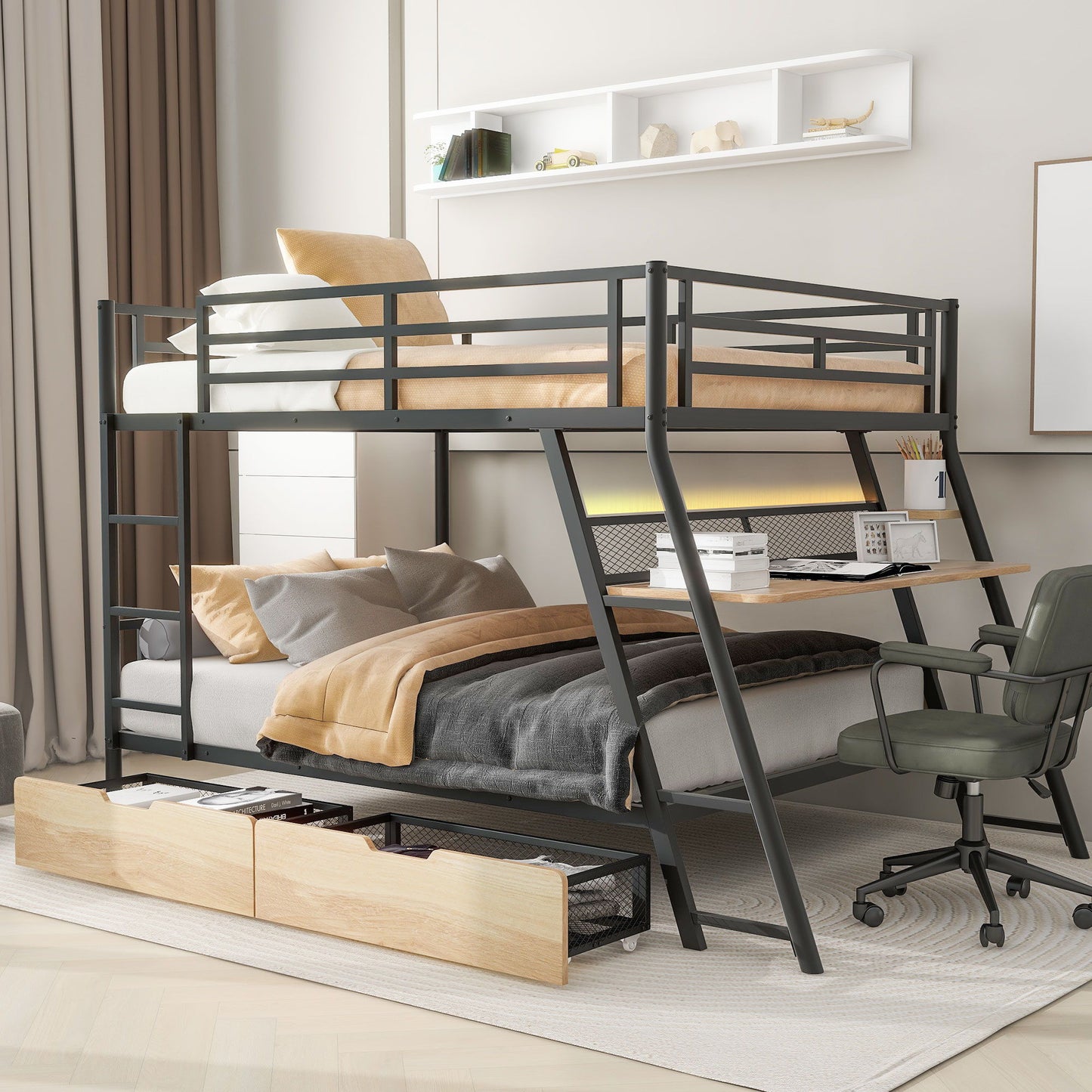 Full Size Bunk Bed With Built In Desk, Light, And 2 Drawers - Black - The Sleep Loft - Online Mattress Showroom NYC
