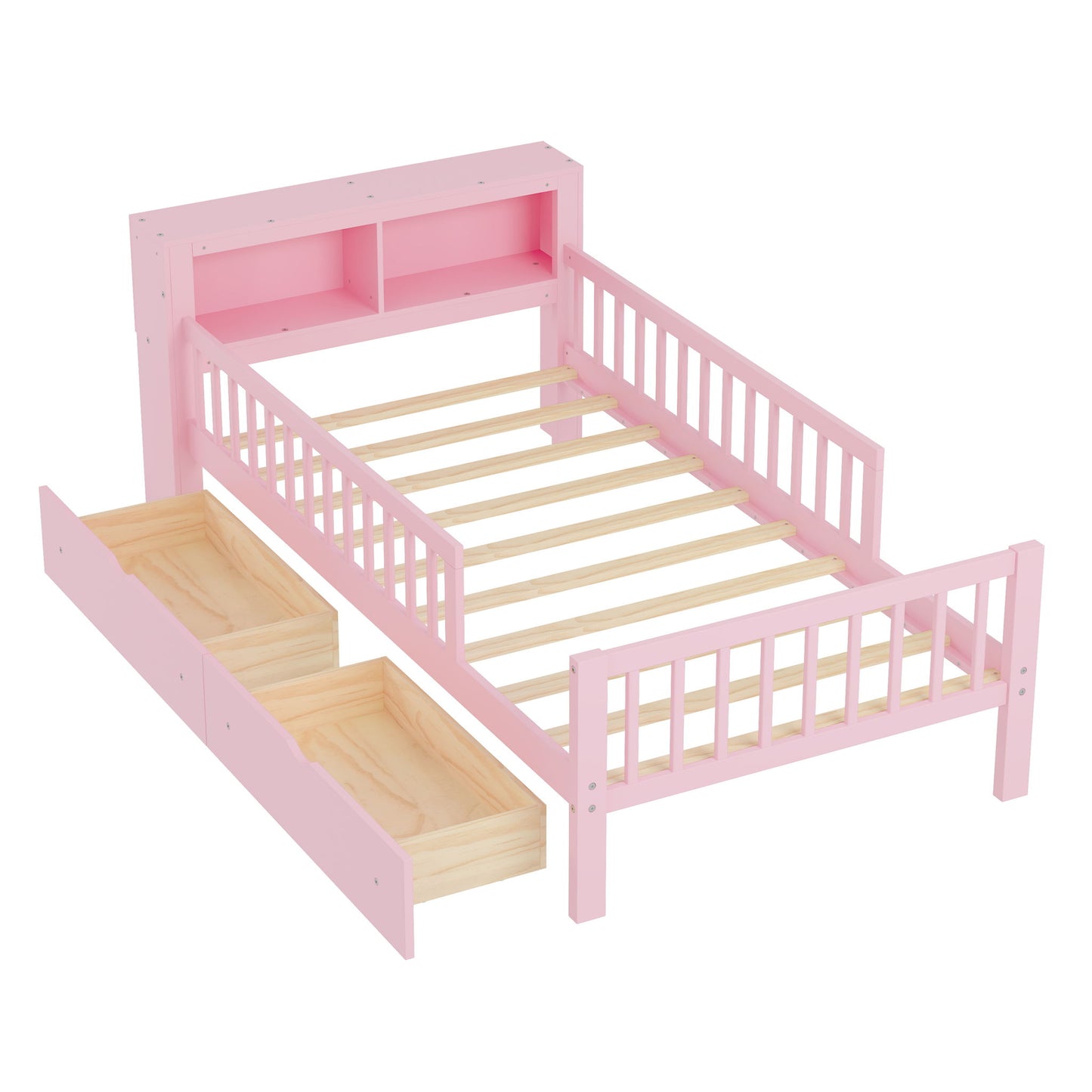 Bed With Headboard Storage Rack, 2 Under Bed Drawers, 3 Side Guardrails For Safety - The Sleep Loft - Online Mattress Showroom NYC