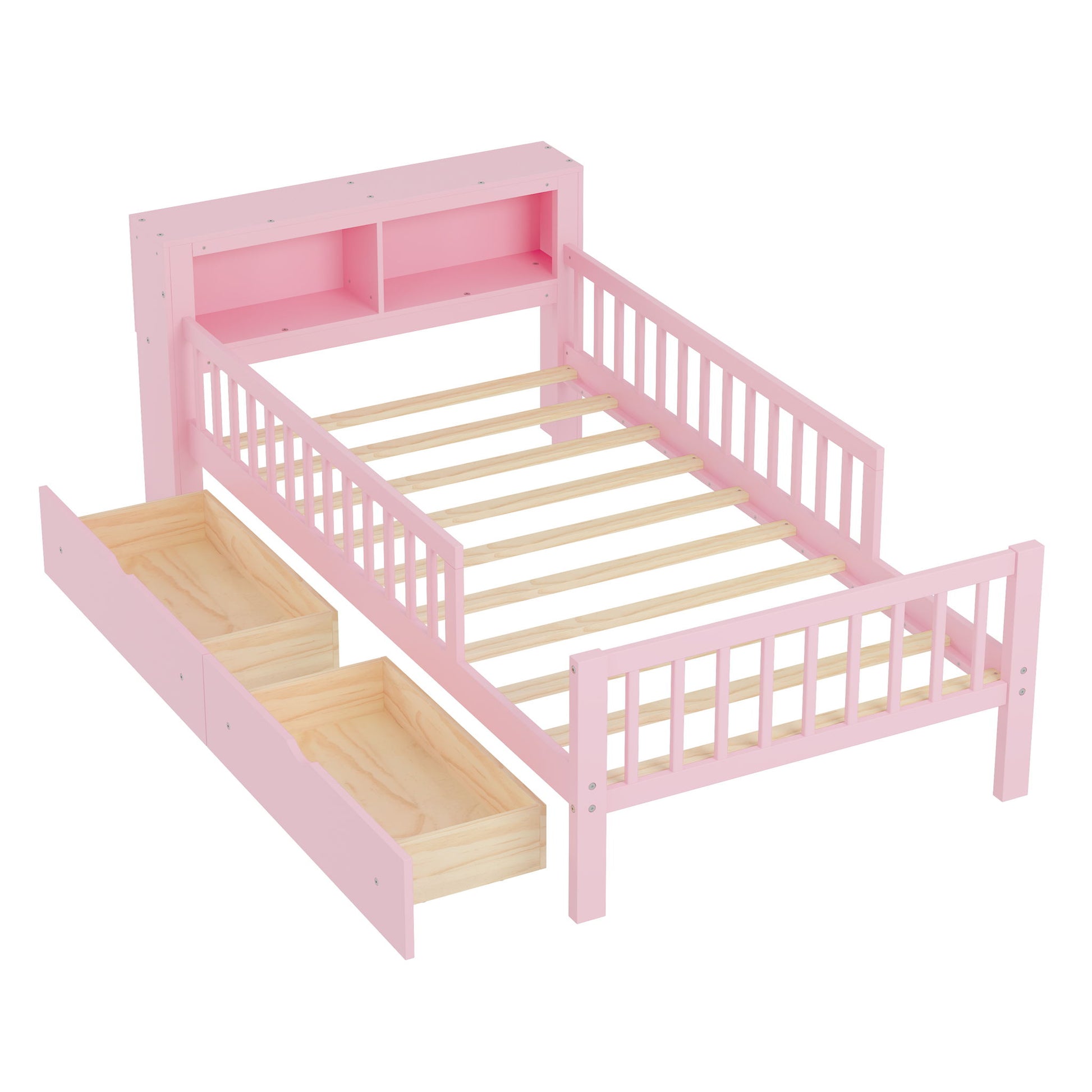 Bed With Headboard Storage Rack, 2 Under Bed Drawers, 3 Side Guardrails For Safety - The Sleep Loft - Online Mattress Showroom NYC