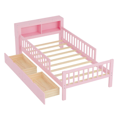 Bed With Headboard Storage Rack, 2 Under Bed Drawers, 3 Side Guardrails For Safety - The Sleep Loft - Online Mattress Showroom NYC