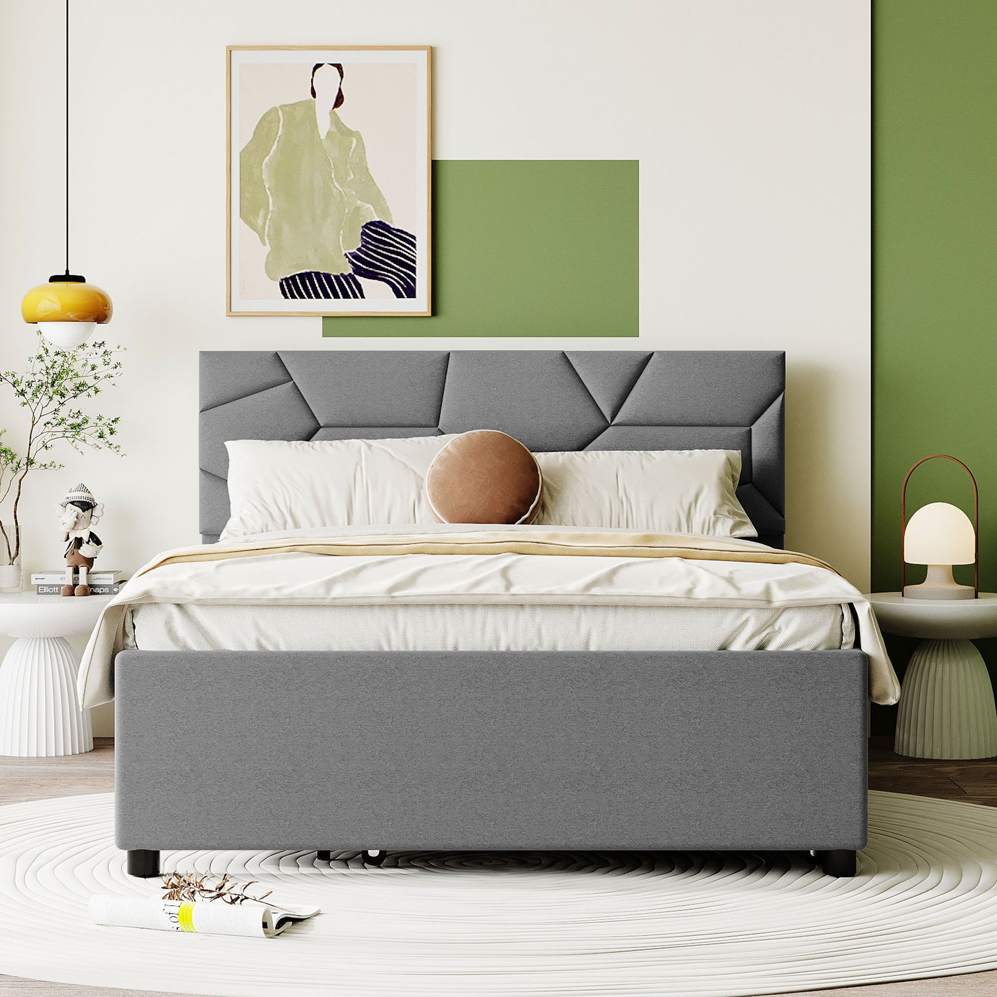 Upholstered Platform Bed With Brick Pattern Headboard And Twin Long Size Trundle - The Sleep Loft - Online Mattress Showroom NYC
