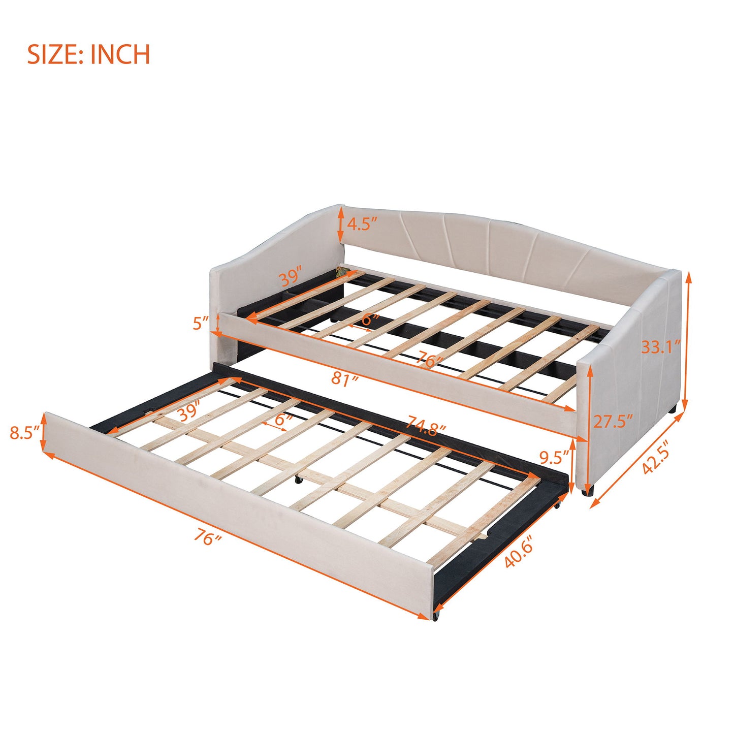 Upholstered Daybed Sofa Bed With Trundle Bed And Wood Slat - The Sleep Loft - Online Mattress Showroom NYC