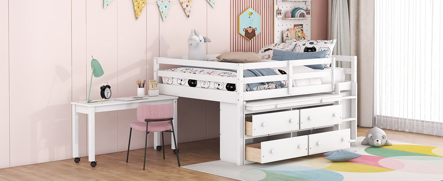 Loft Bed With Retractable Writing Desk And 4 Drawers, With Lateral Portable Desk And Shelves - The Sleep Loft - Online Mattress Showroom NYC