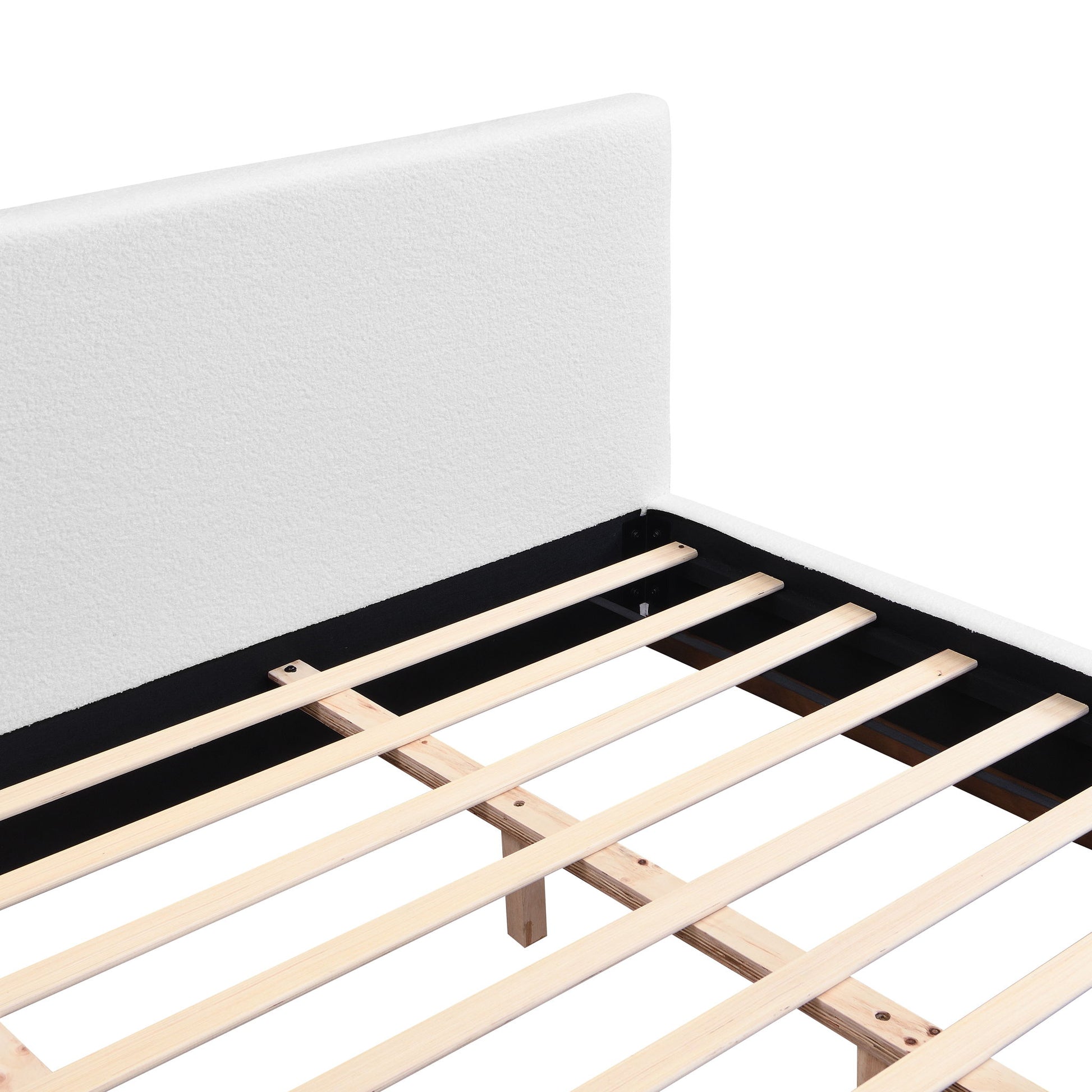 Elegant Boucle Upholstered Bed With Wood Grain Textured Solid Wood Base Frame - The Sleep Loft - Online Mattress Showroom NYC