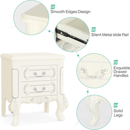 Carved Nightstand With 2 Drawers, Bedside Table - White