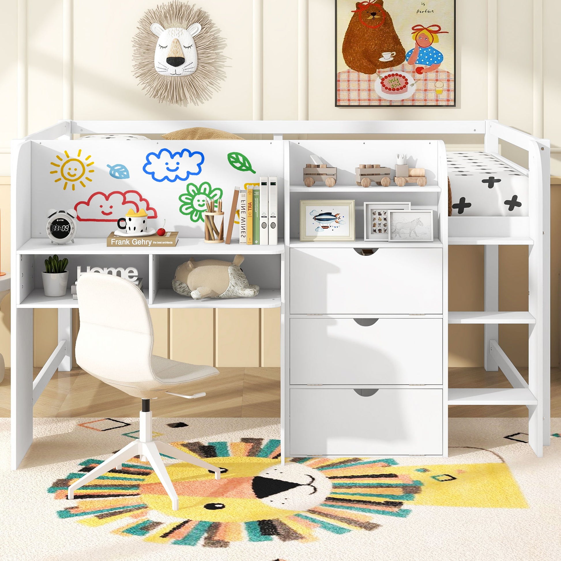 Low Loft Bed With Built In Desk, Storage Cabinets, Open Bookcase And Doodle board - The Sleep Loft - Online Mattress Showroom NYC