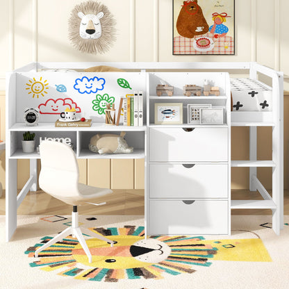 Low Loft Bed With Built In Desk, Storage Cabinets, Open Bookcase And Doodle board - The Sleep Loft - Online Mattress Showroom NYC