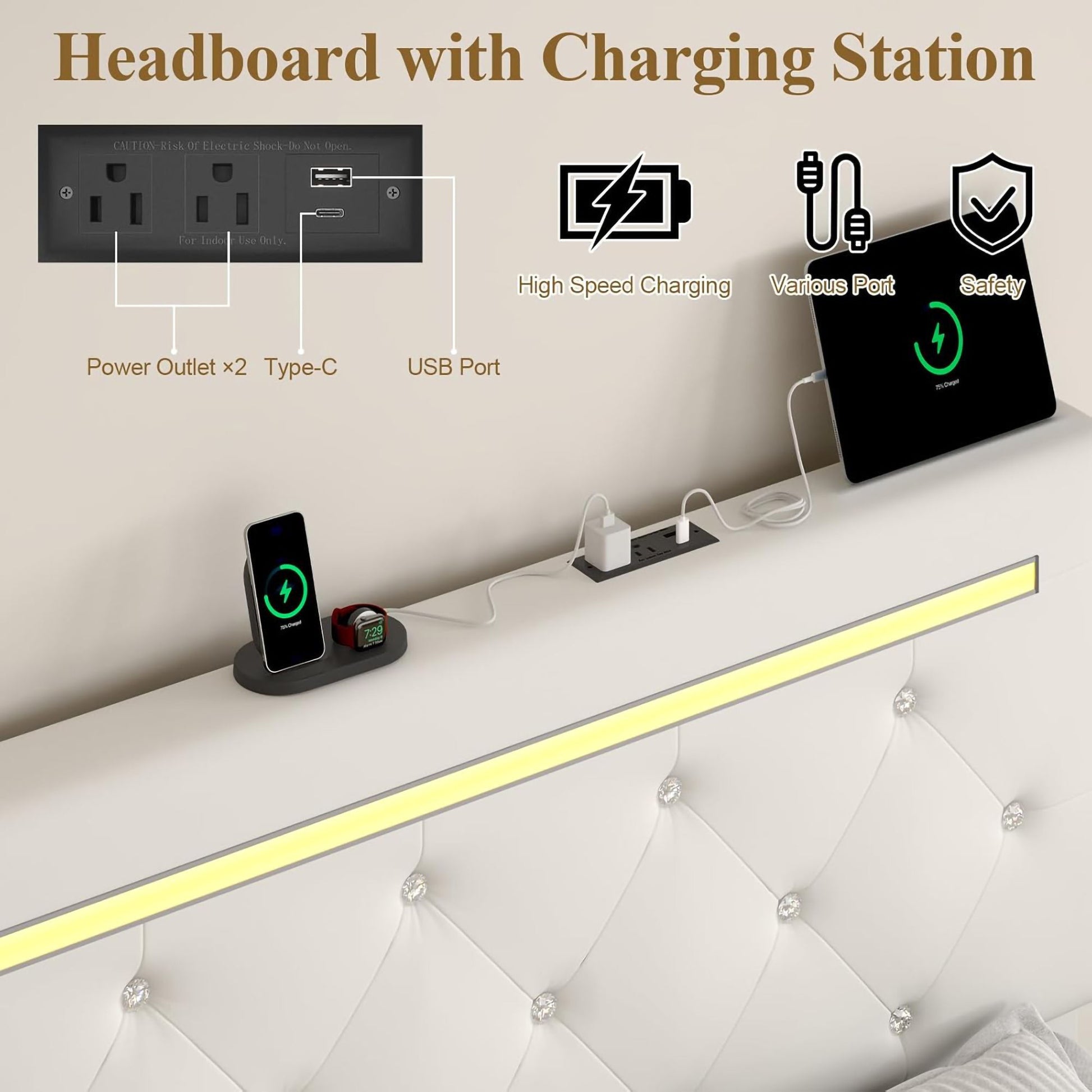 Upholstered Bed Frame With LED Lights, 4 Storage Drawers, Charging Station - The Sleep Loft - Online Mattress Showroom NYC