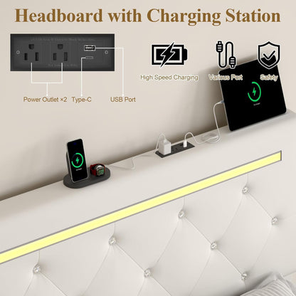 Upholstered Bed Frame With LED Lights, 4 Storage Drawers, Charging Station - The Sleep Loft - Online Mattress Showroom NYC