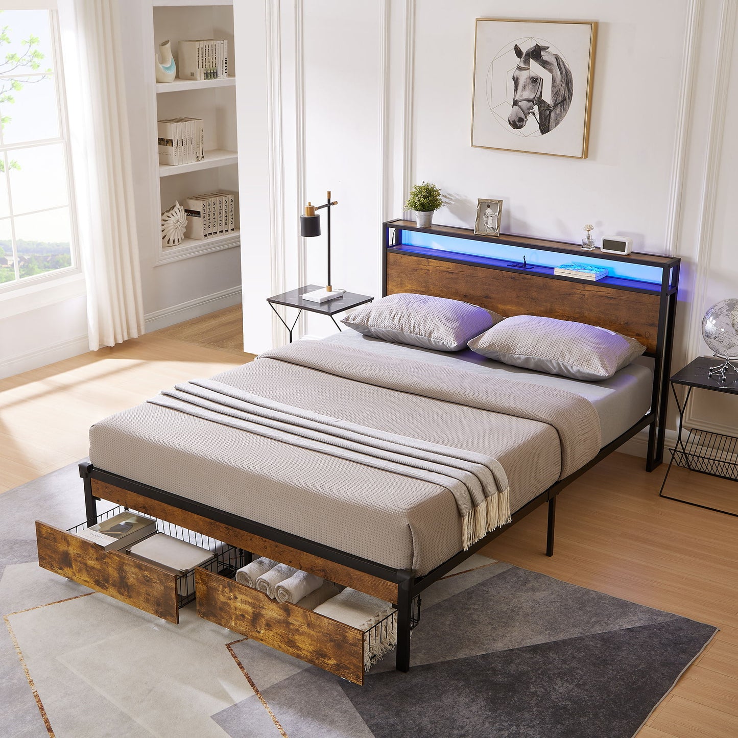 Modern Metal Platform Bed Frame With Wooden Headboard And Footboard, USB Charging Station, LED Lights, 2 Drawers - The Sleep Loft - Online Mattress Showroom NYC