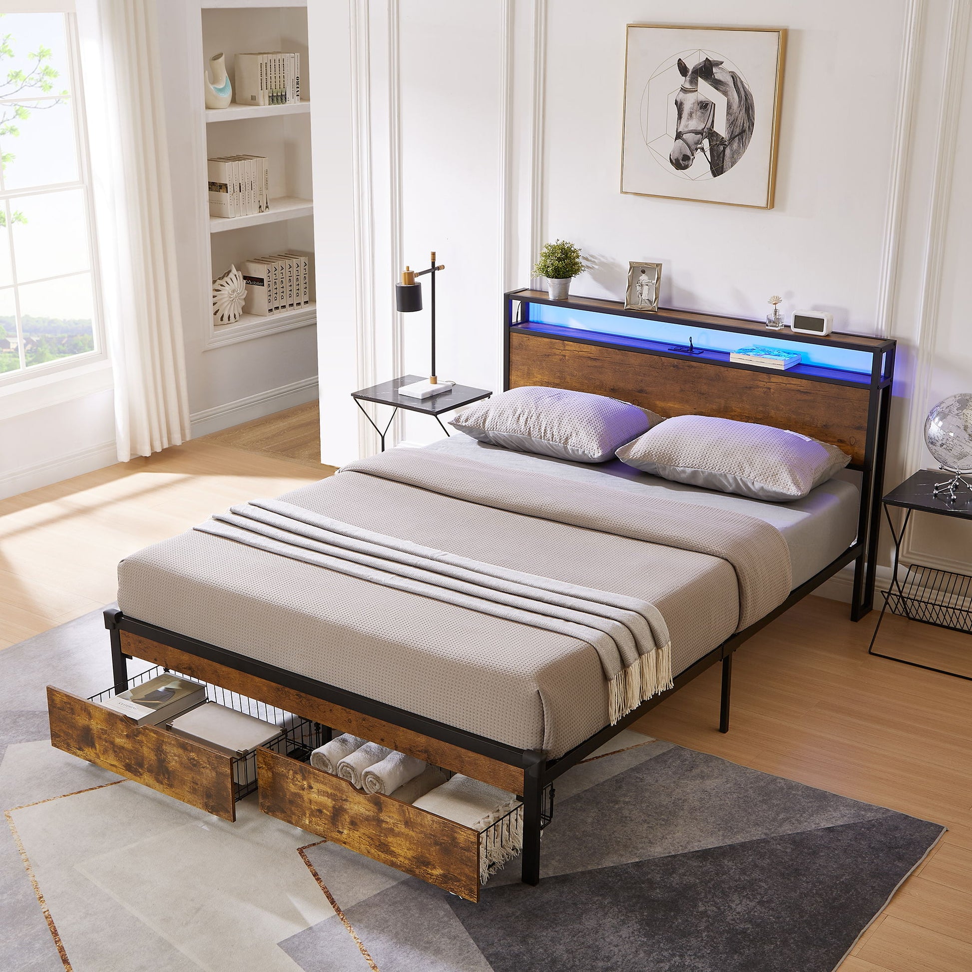 Modern Metal Platform Bed Frame With Wooden Headboard And Footboard, USB Charging Station, LED Lights, 2 Drawers - The Sleep Loft - Online Mattress Showroom NYC