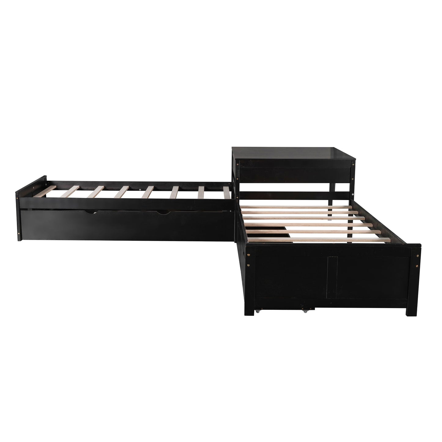 L Shaped Platform Bed With Trundle And Drawers Linked With Built In Desk - The Sleep Loft - Online Mattress Showroom NYC