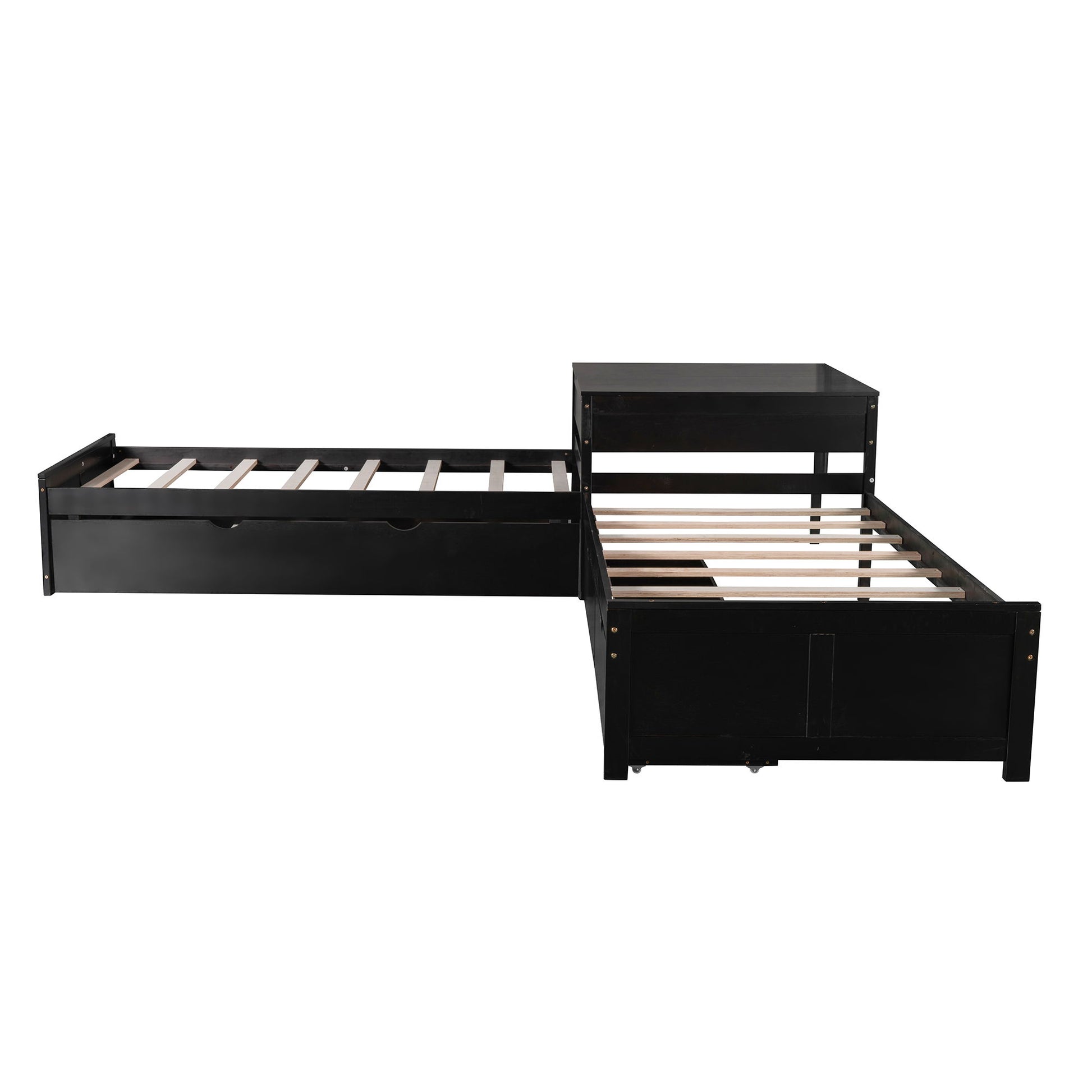 L Shaped Platform Bed With Trundle And Drawers Linked With Built In Desk - The Sleep Loft - Online Mattress Showroom NYC